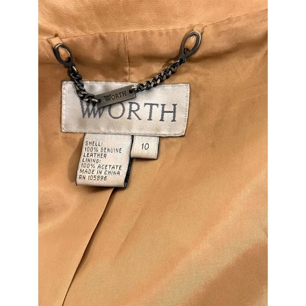VTG Worth Tan Genuine Leather Jacket Women’s Size 10 Double Breasted Zip Pocket